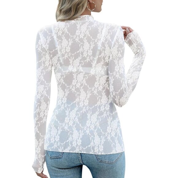 Women White Long Sleeve Mesh Top See Through Mock Neck Sheer Blouses - Picture 4 of 6